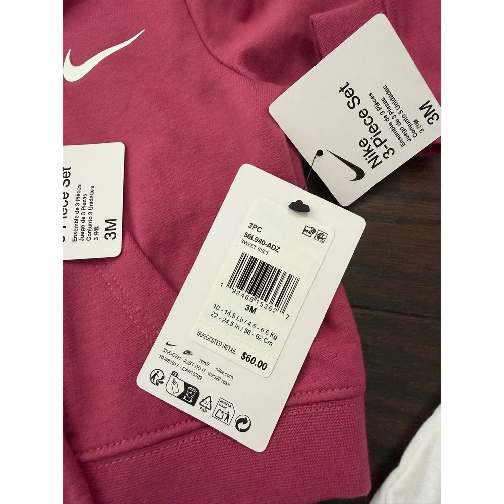 Nike 3-Piece Set Baby Girls 3M Sweet Beet Pink Hoodie Pants Bodysuit 56L940-ADZ